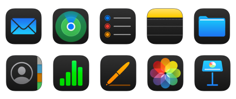 Collection of icons for apps available on iCloud.com, including Mail, Find My, and Reminders